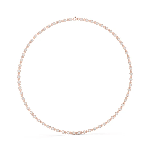 Rose-toned round-cut diamond tennis necklace with small closely set round stones.