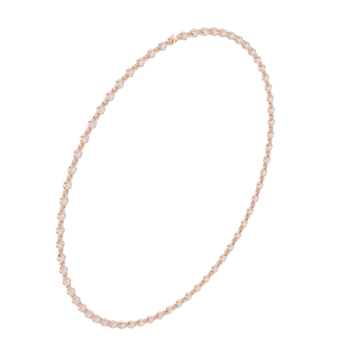 Rose gold round-cut diamond necklace with round stones along slender chain.