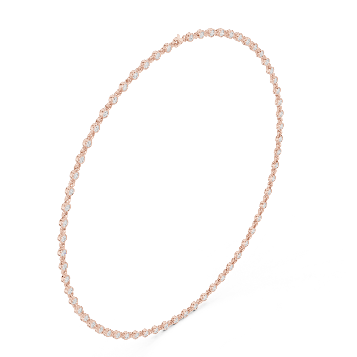 Rose gold round-cut diamond necklace with round stones along slender chain.