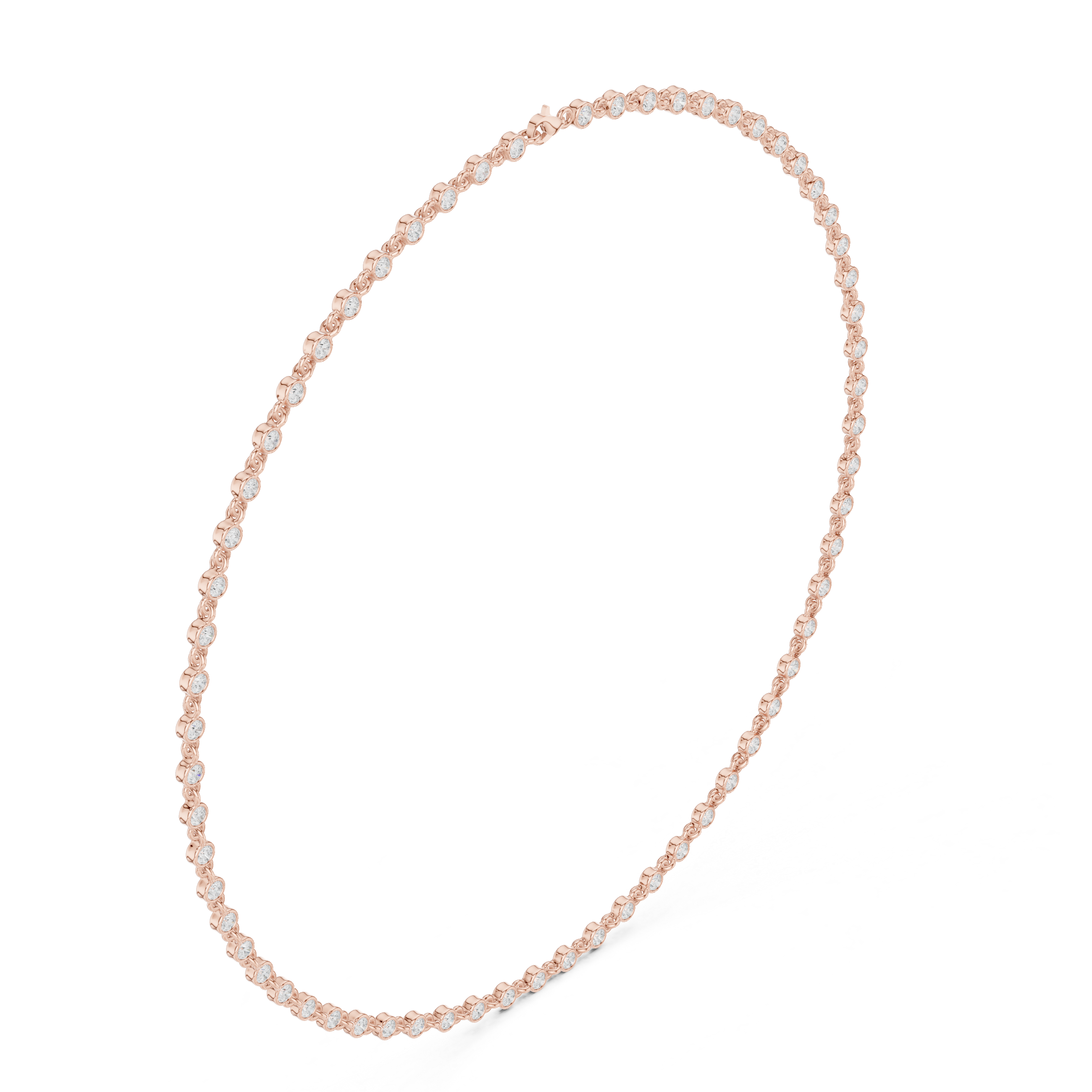 Rose gold round-cut diamond necklace with round stones along slender chain.