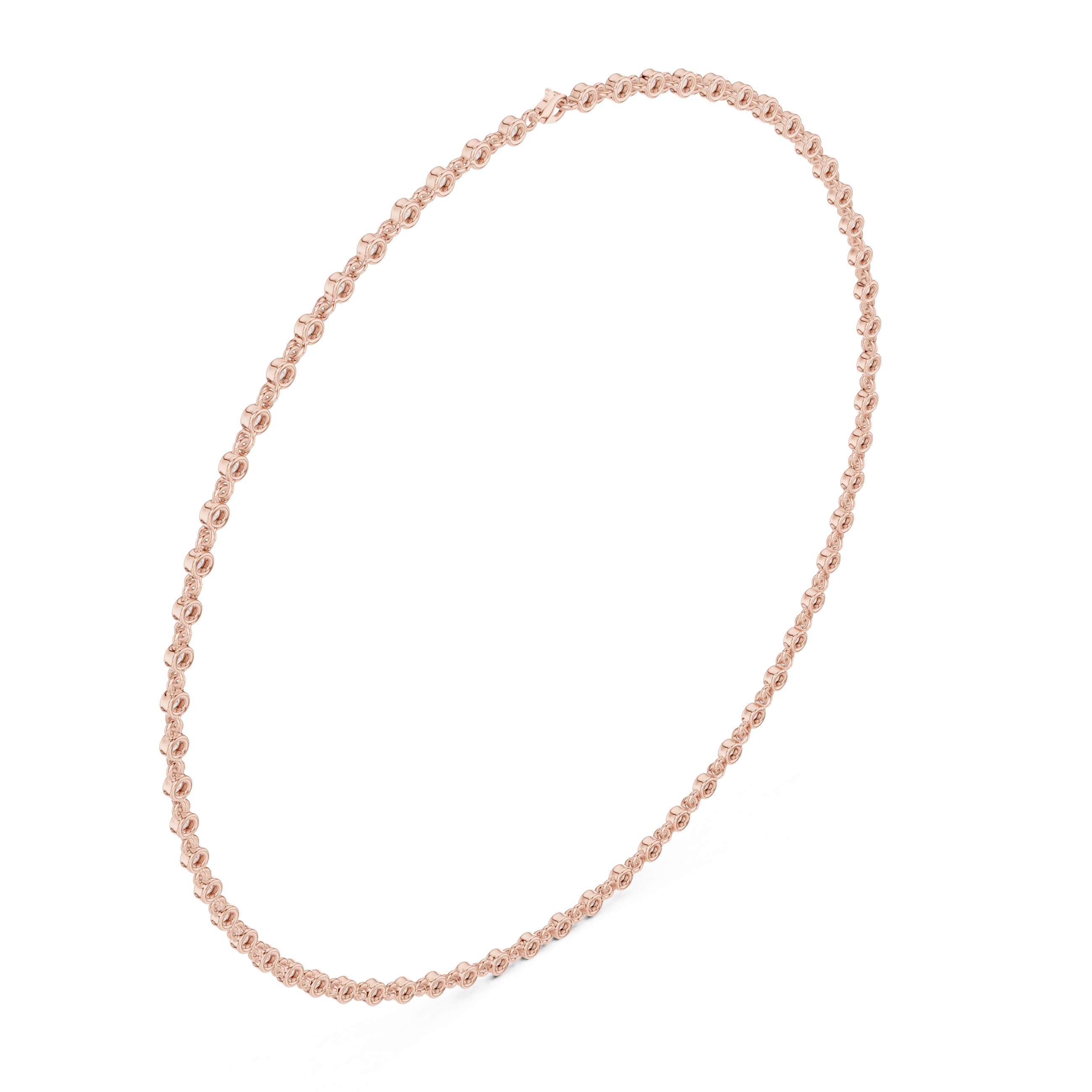 Rose gold round-cut diamond necklace with round bezel-set stones on chain.
