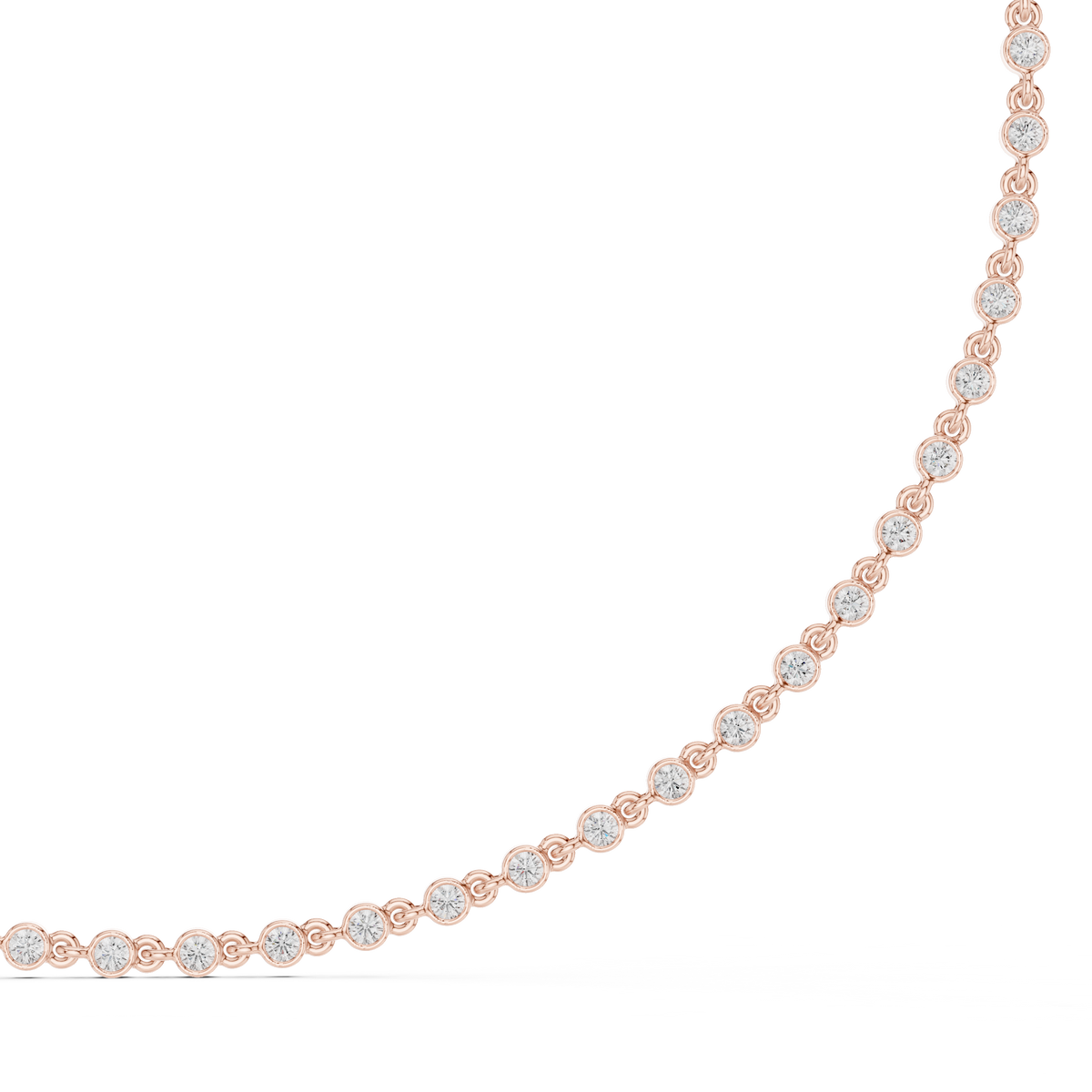 Round diamond tennis necklace, rose-gold tone side view with circular stones.