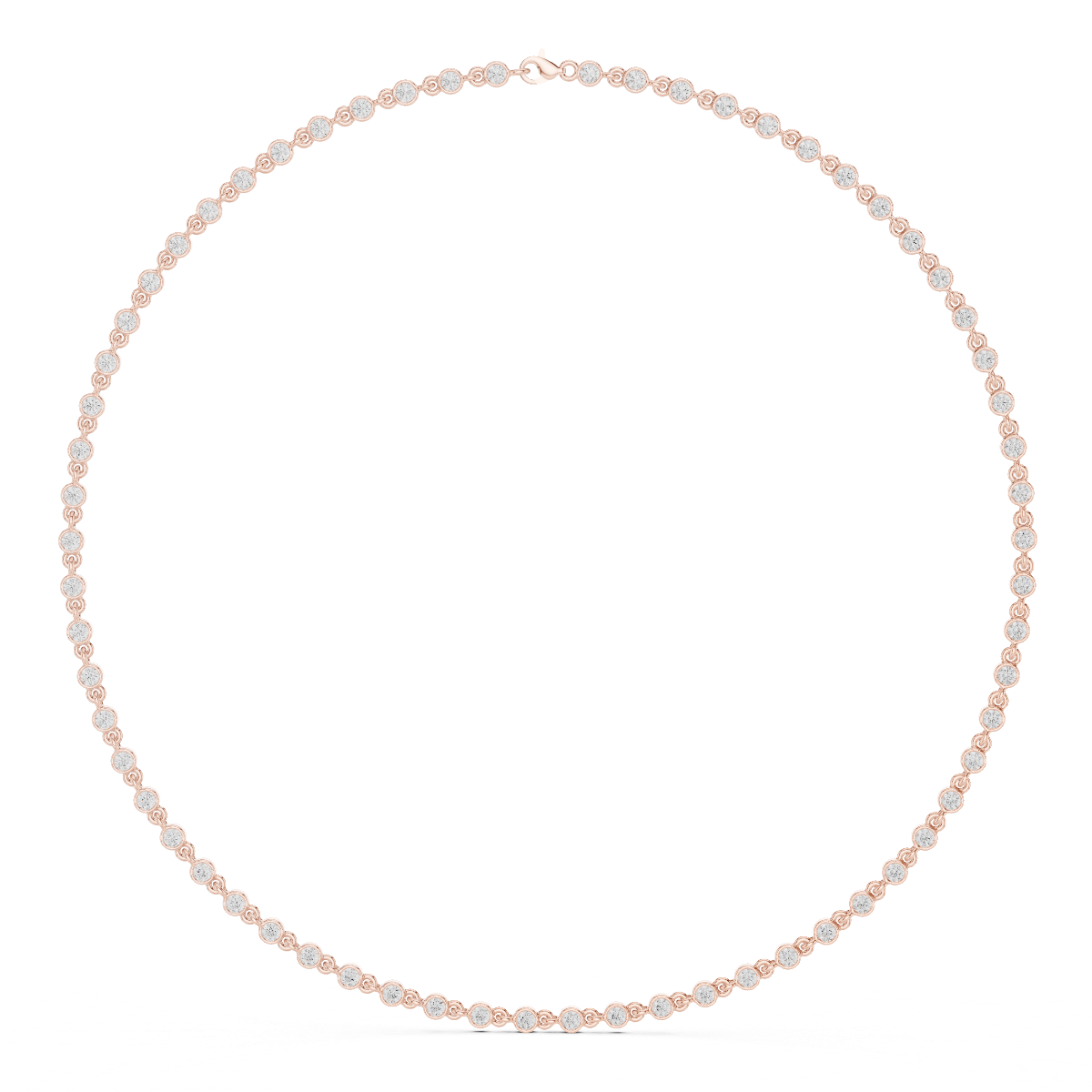 Round diamond tennis necklace, full strand view.