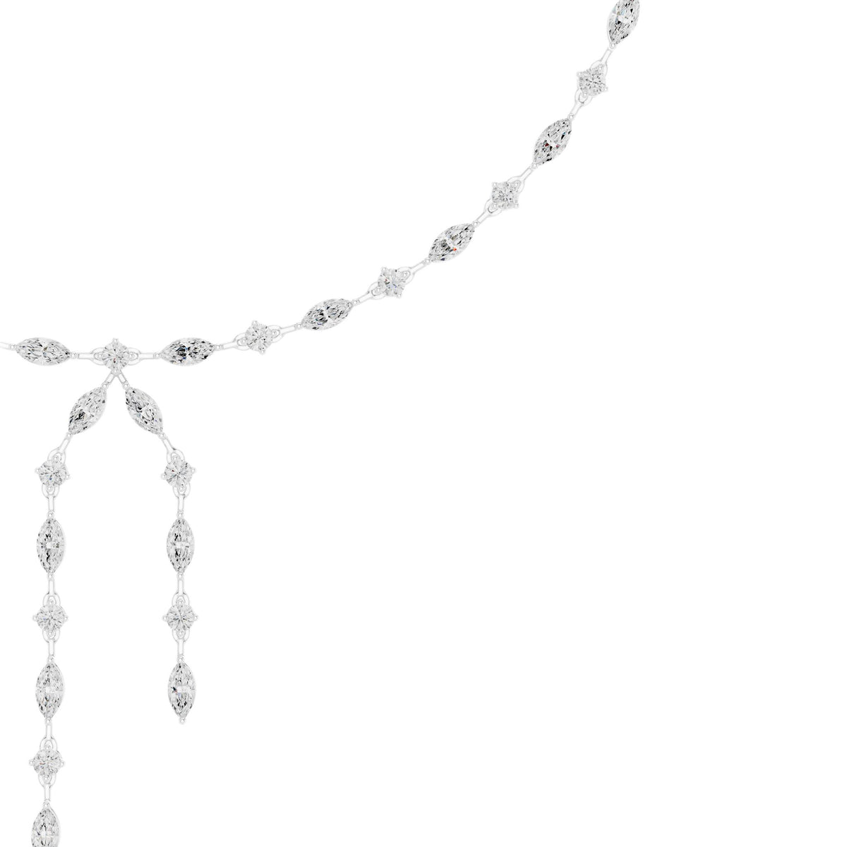 White-gold diamond drop necklace with marquise links and twin dangling drops