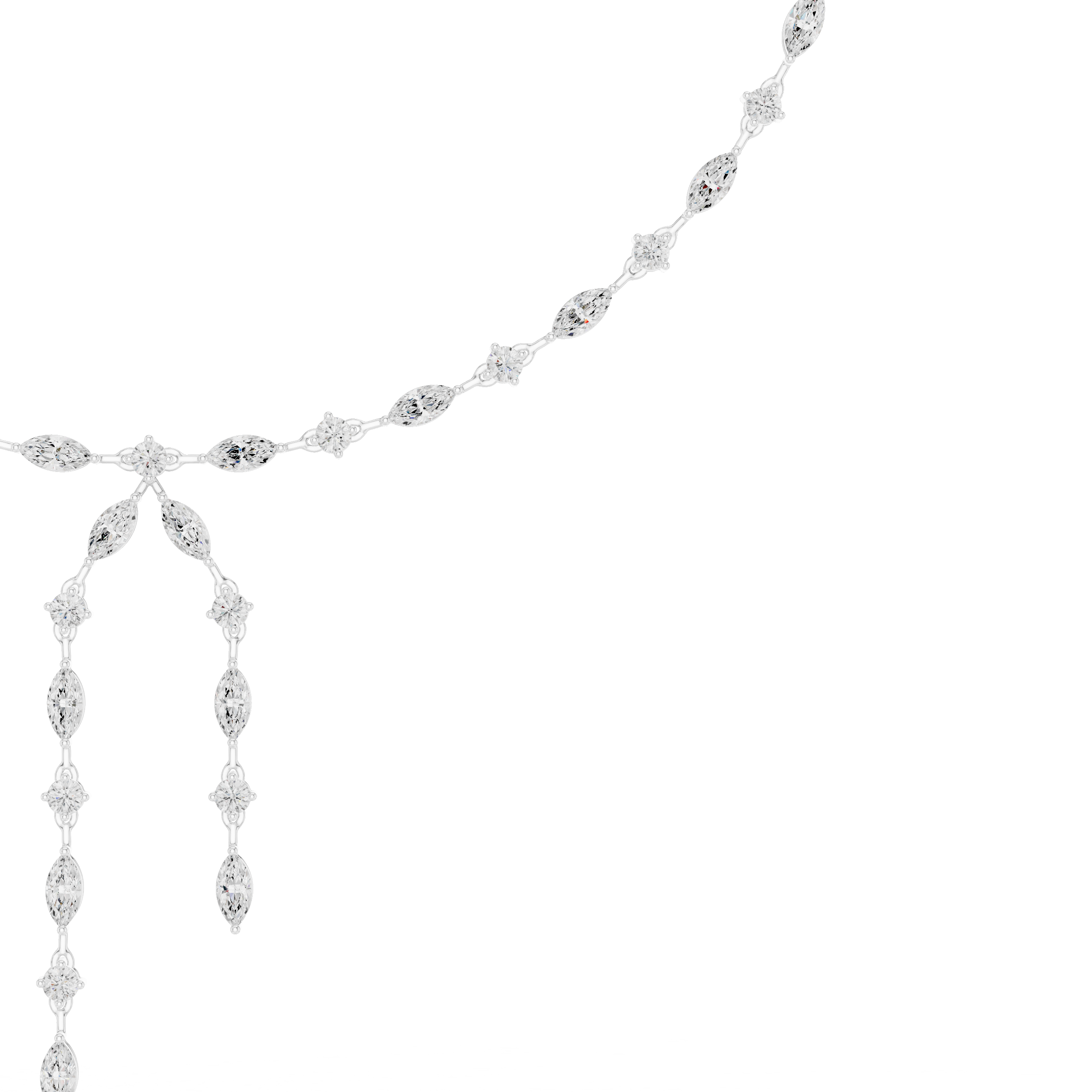 Diamond drop statement necklace with marquise and round stones, long dangling fringe