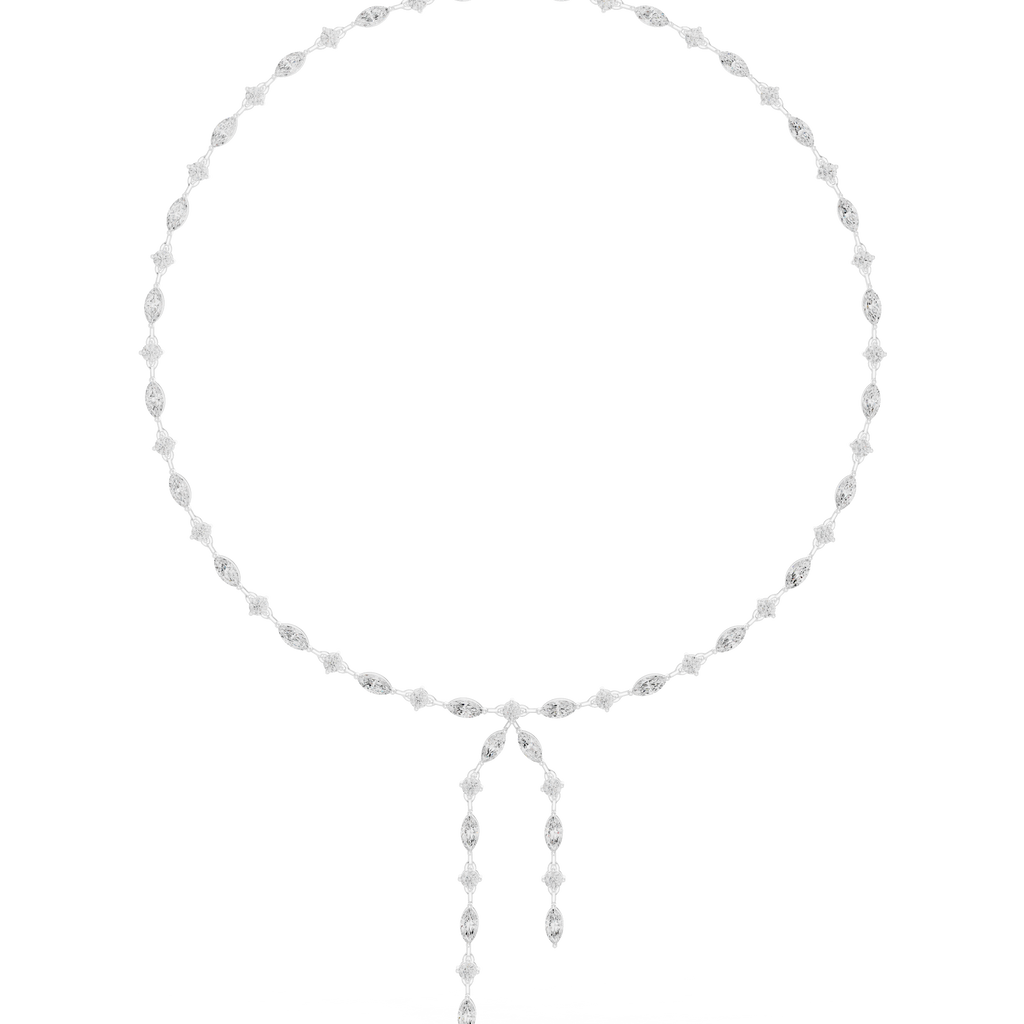Diamond drop statement necklace with marquise and round stones, center drop with two strands