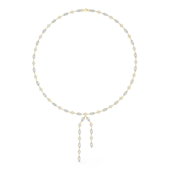 Yellow gold diamond drop statement necklace with marquise and round stones, two dangling drops