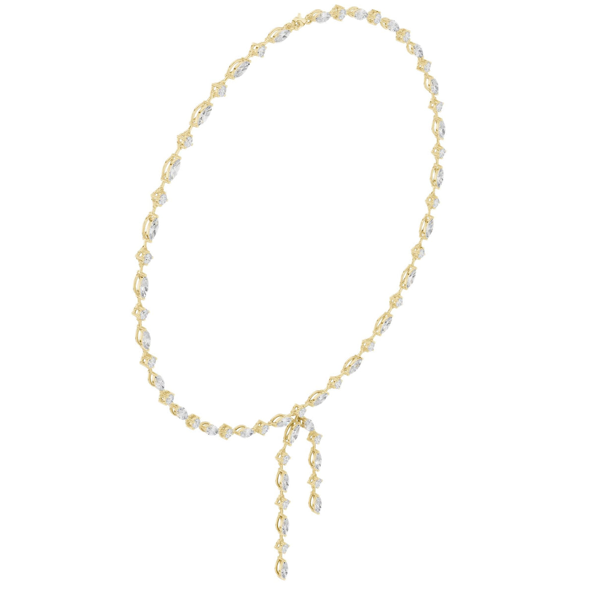 Yellow gold diamond drop necklace with marquise center and oval station stones