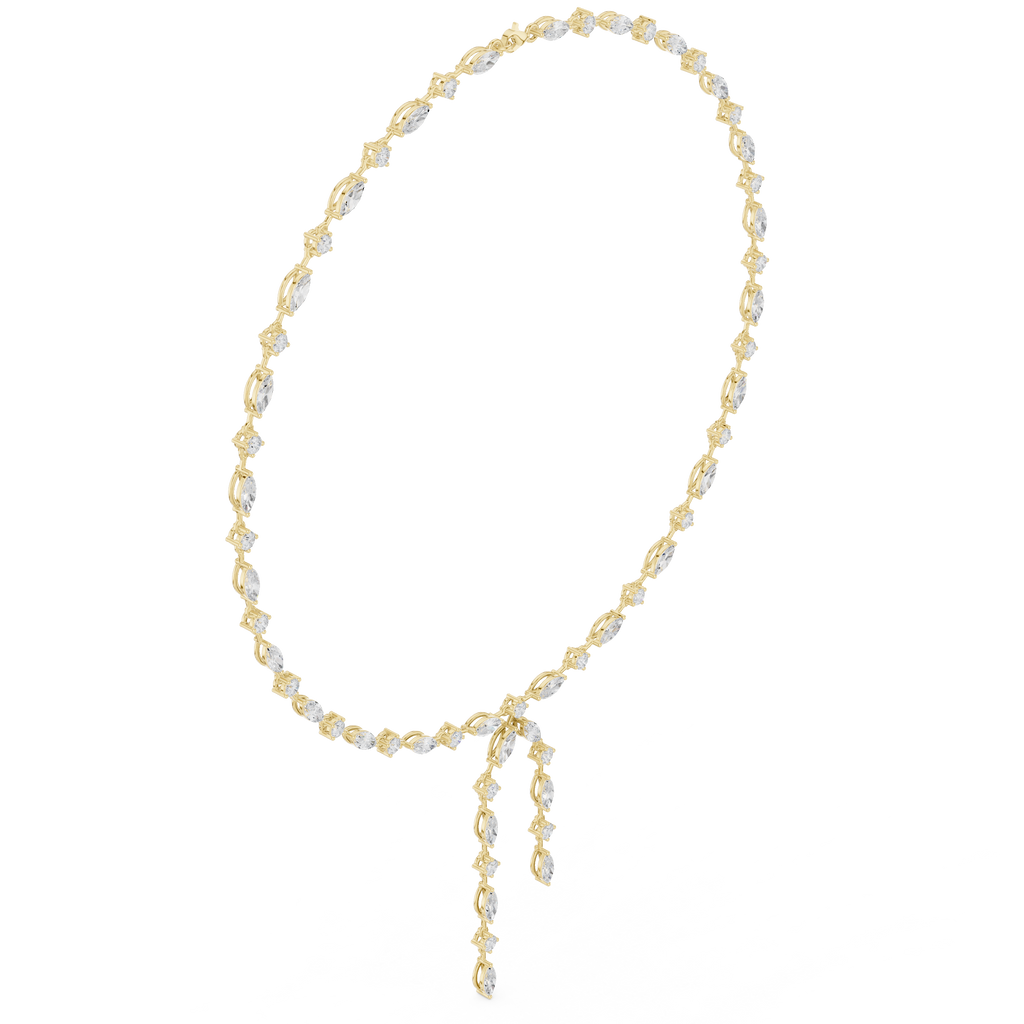 Yellow gold diamond drop necklace with marquise center and oval station stones