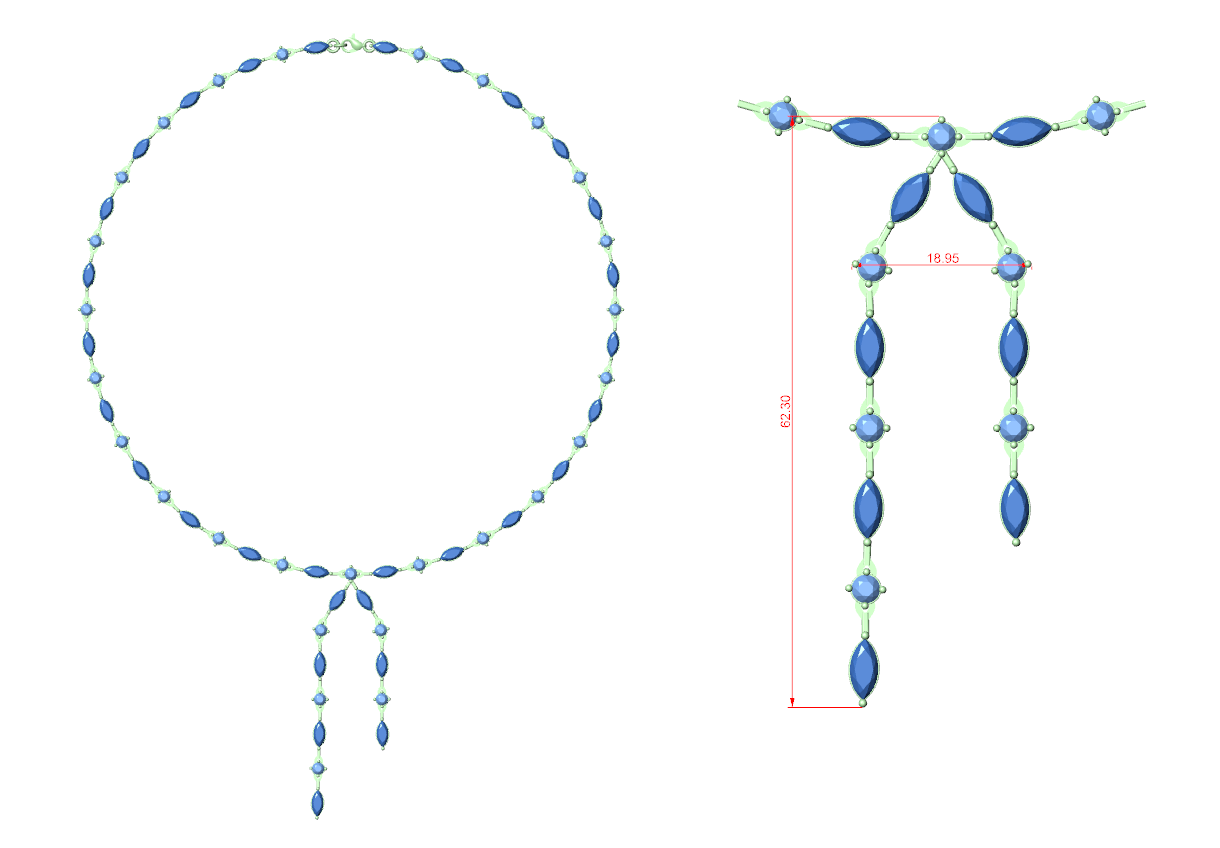 CAD diagram of diamond necklace showing marquise-and-round drop and measurements