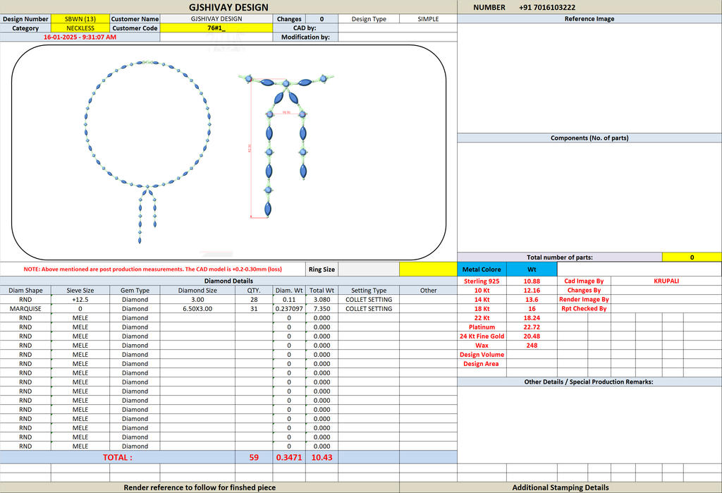 Diamond necklace detail report screenshot with sizing and gemstone tables