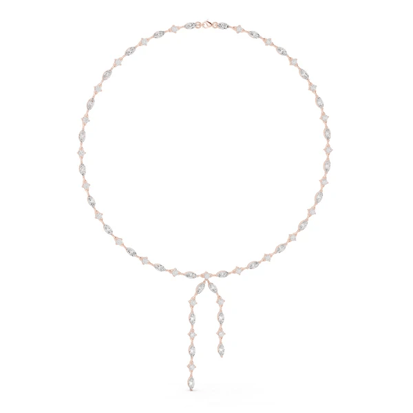 Rose gold diamond drop statement necklace with marquise and round stones, two dangling drops