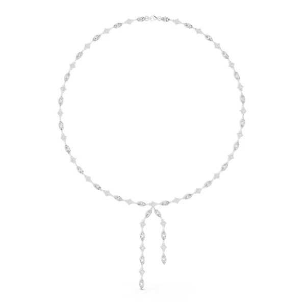 White gold diamond drop statement necklace with marquise and round stones, two dangling drops