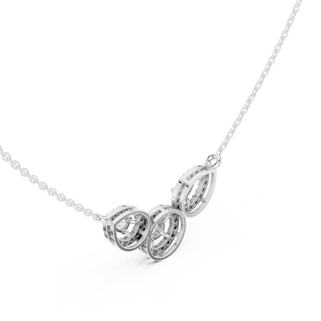 White gold V-shape halo diamond pendant necklace, with three teardrop halos