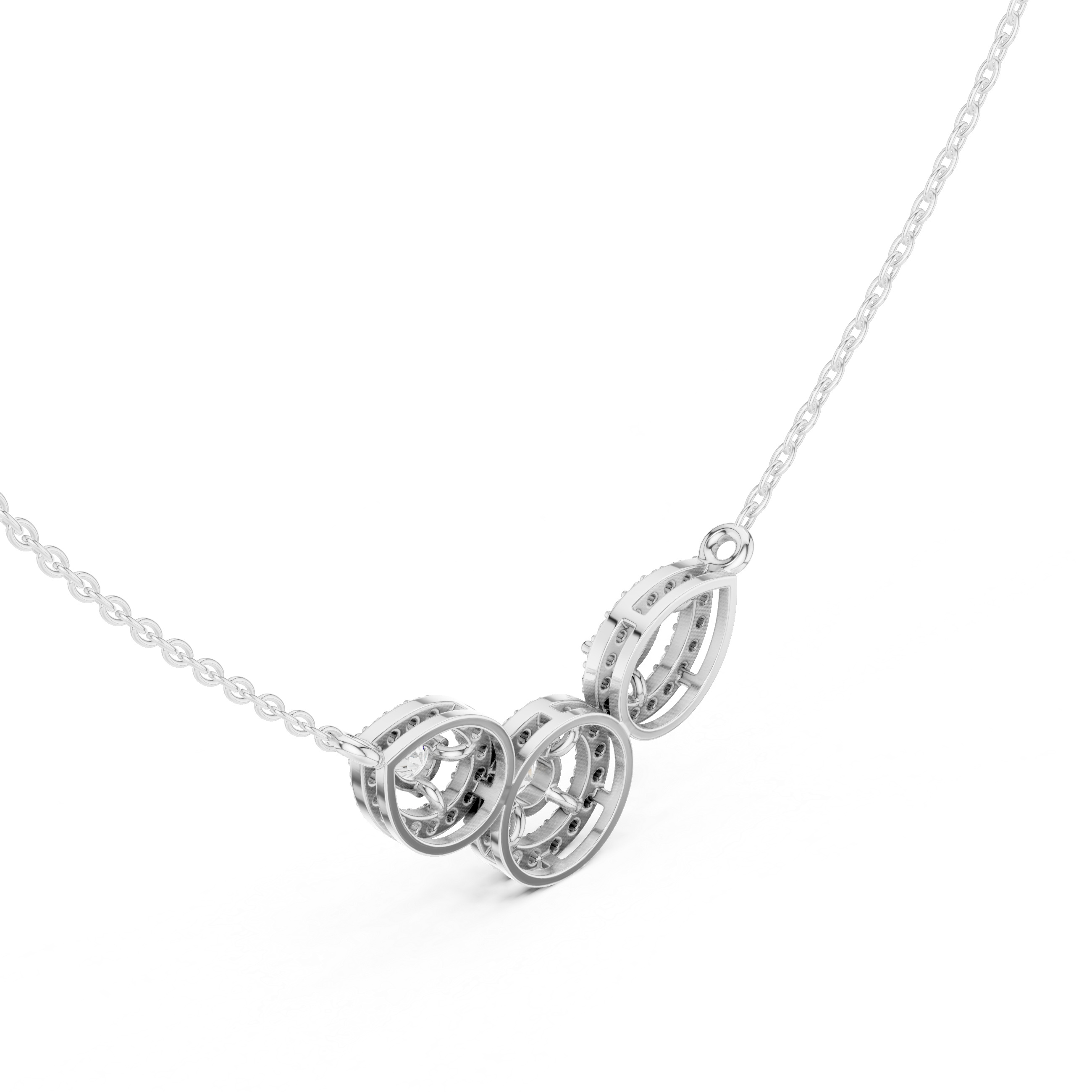White gold V-shape halo diamond pendant necklace, with three teardrop halos