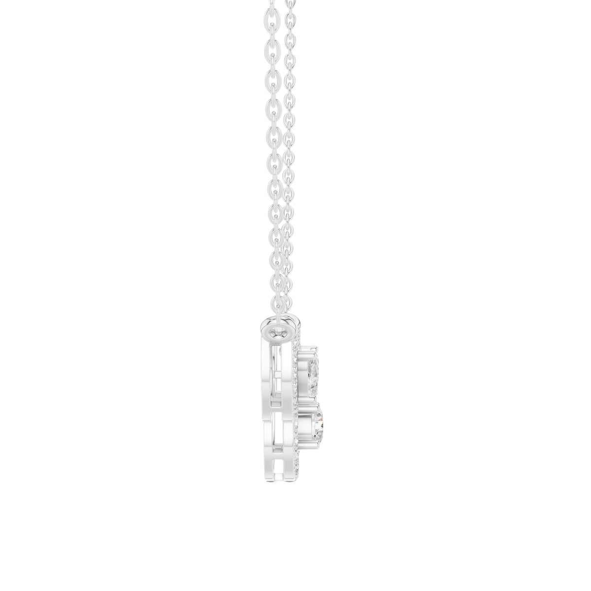 V-shape halo diamond necklace with pear-cut halos, white-gold tone, clasp and chain close-up