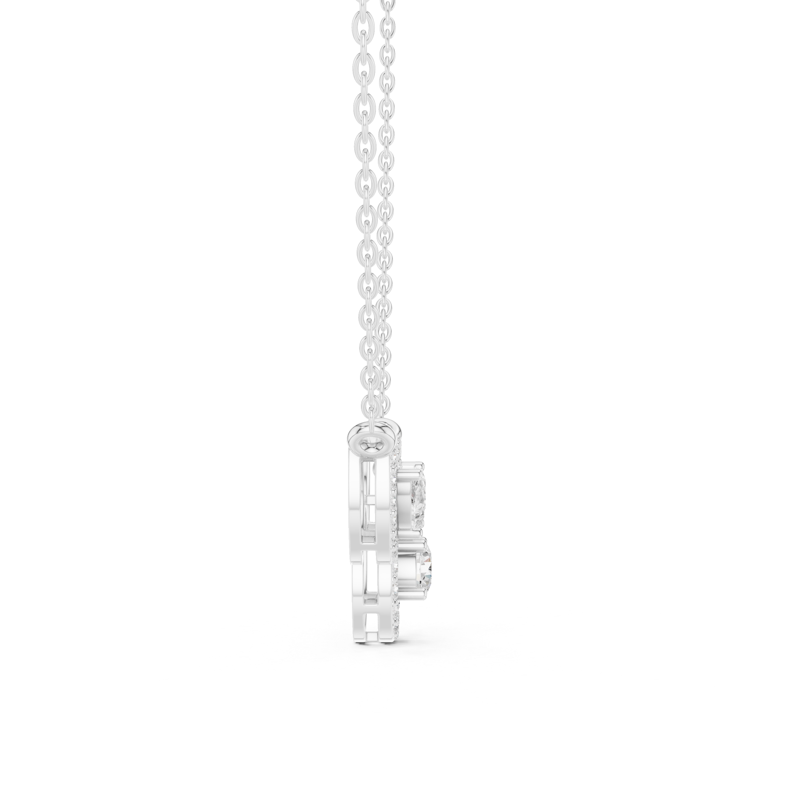 Pear diamond halo pendant with V-shaped design on white gold chain