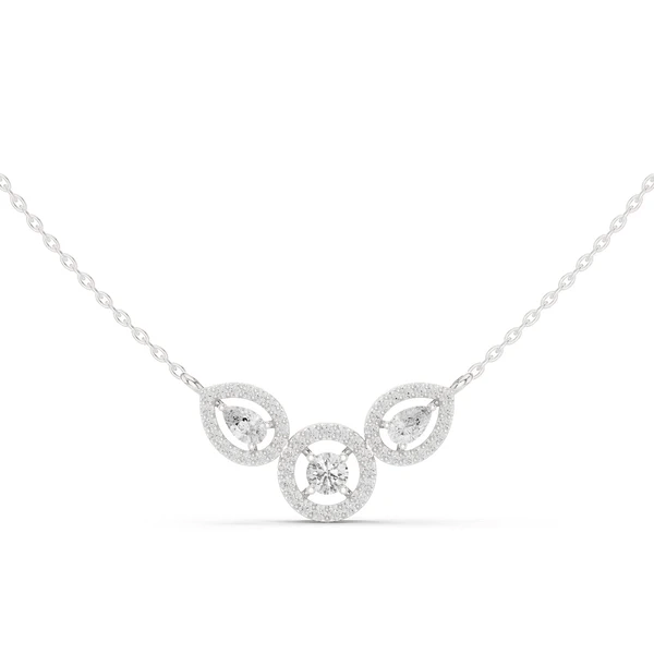 V-shaped diamond halo pendant necklace with pear center on white metal chain