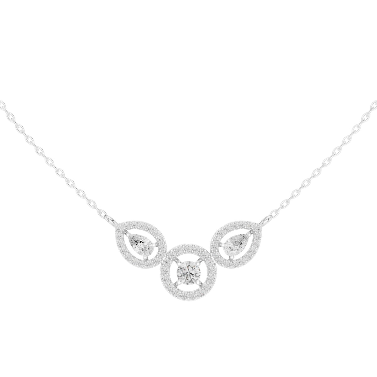 V-shape halo diamond necklace with pear-cut halos, white-gold tone, three-stone front
