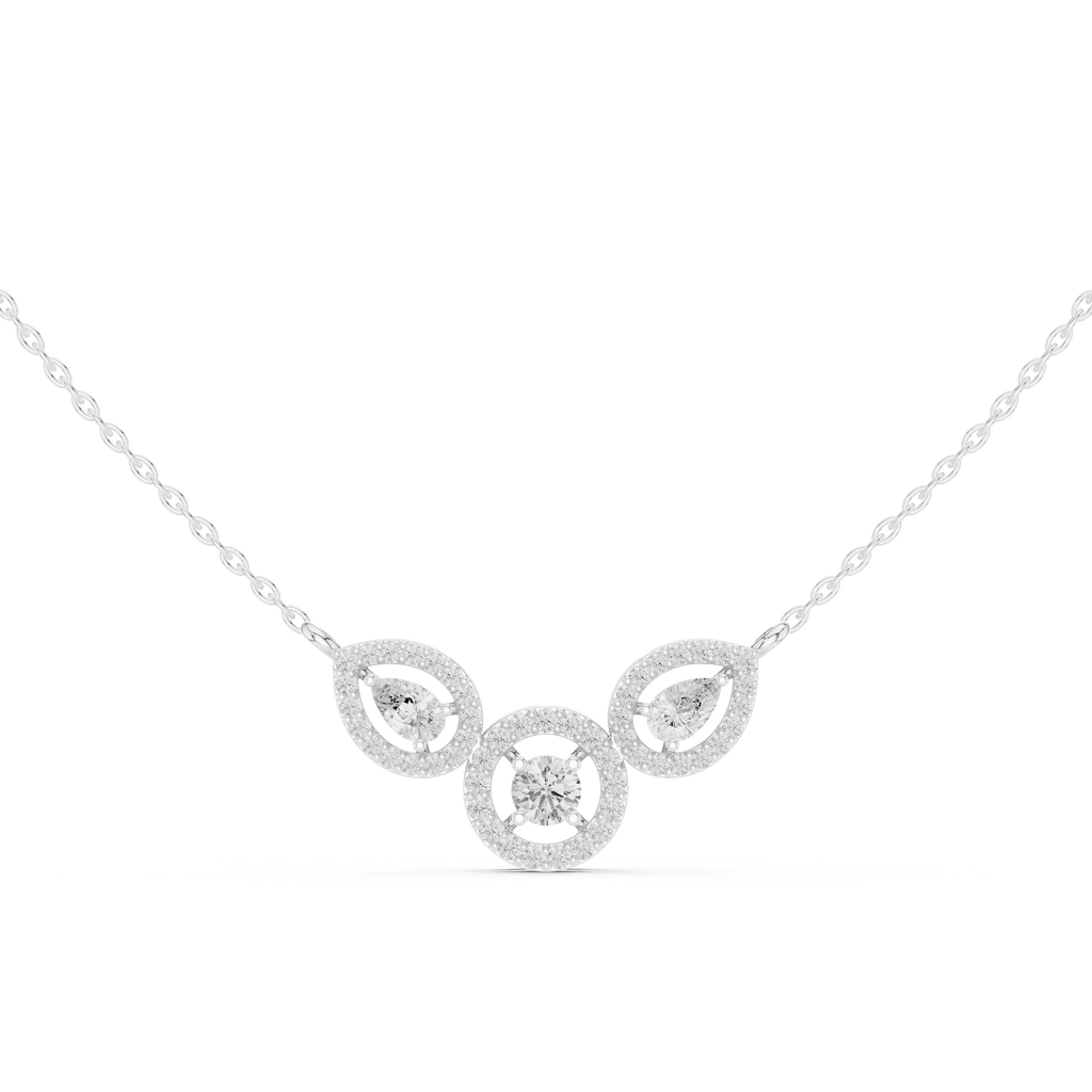 White gold V-shape halo diamond pendant necklace with center circular accent
