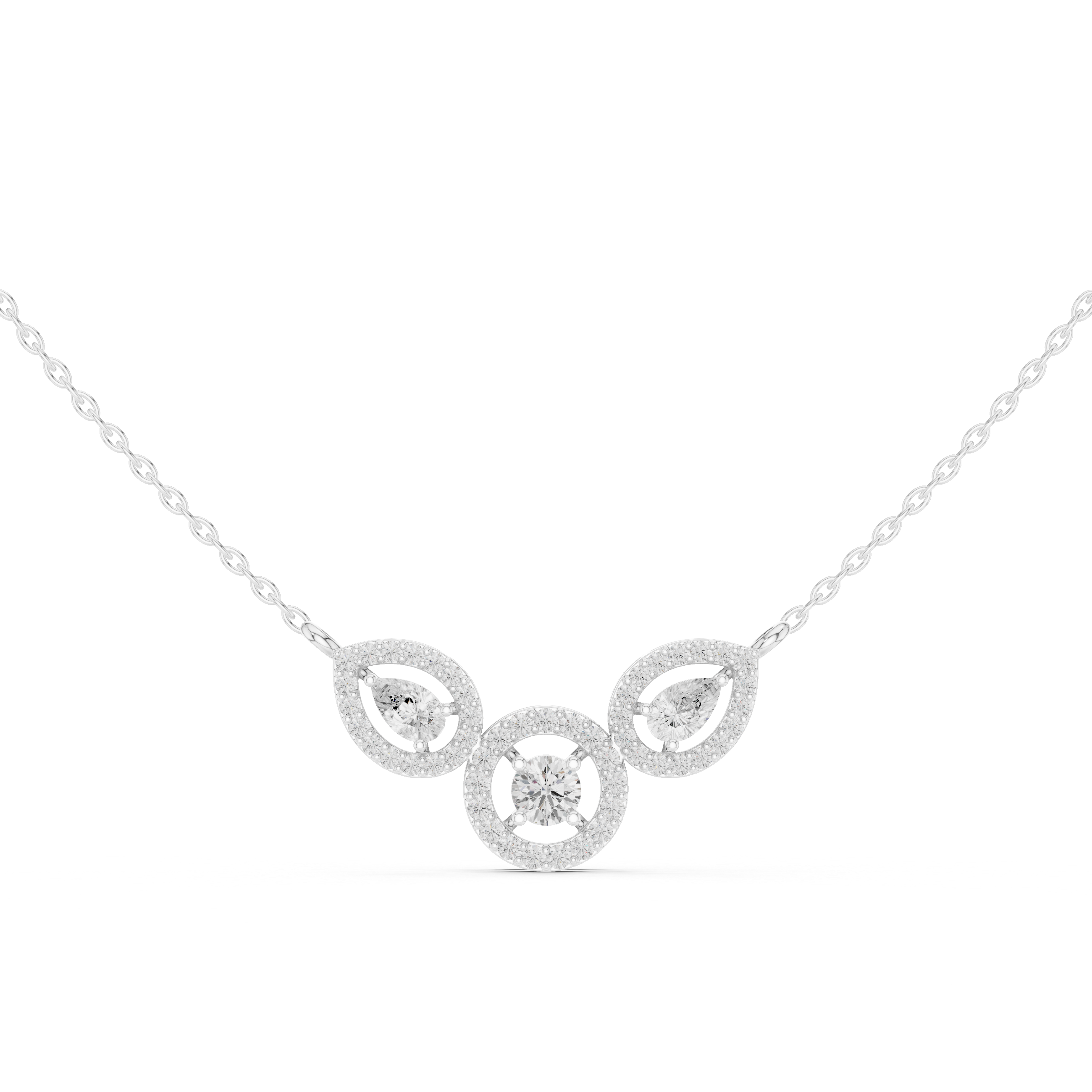 White gold V-shape halo diamond pendant necklace with center circular accent