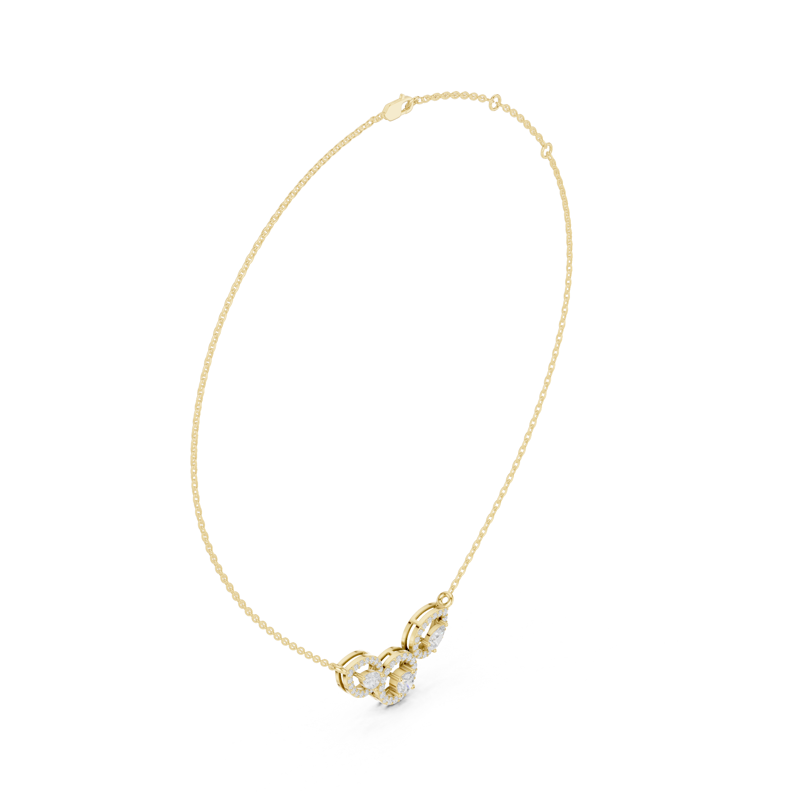 Yellow gold V-shape halo diamond pendant necklace, chain and pendant detail