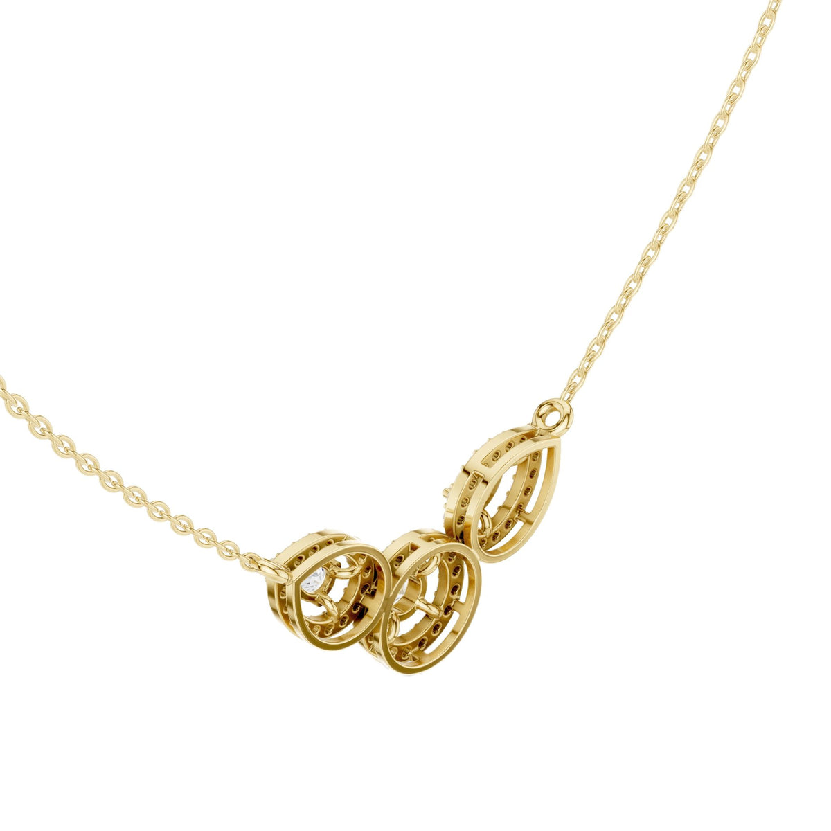 Yellow gold V-shape halo diamond pendant necklace, with three teardrop halos
