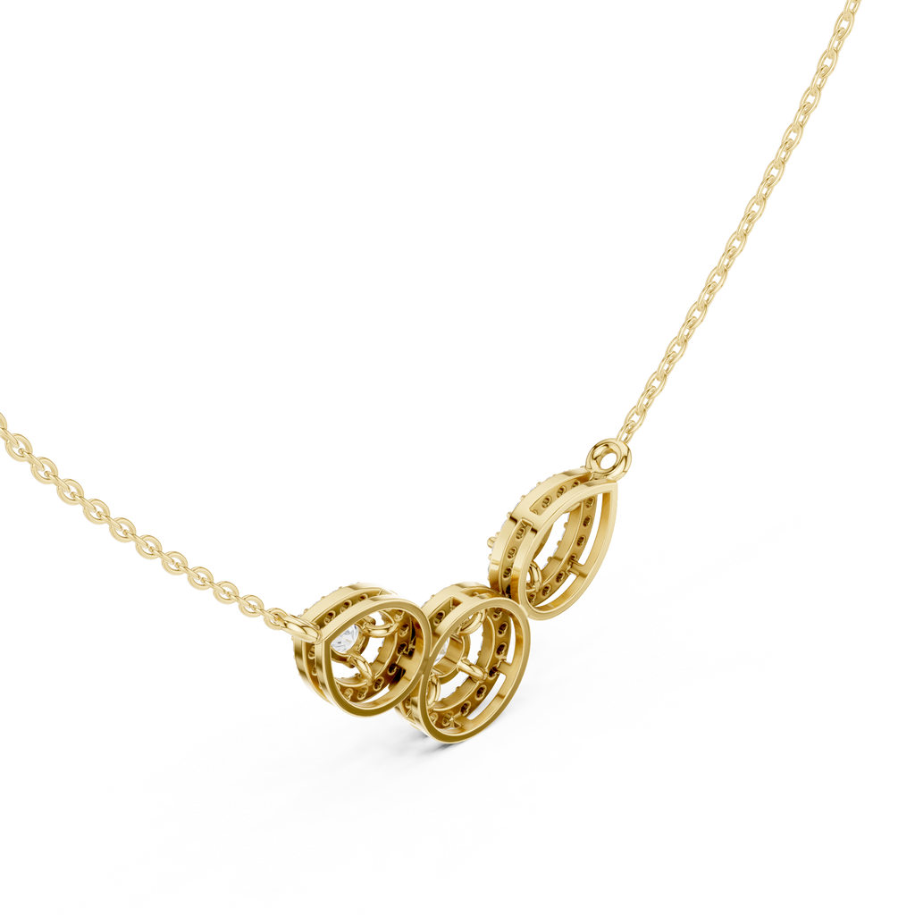 Yellow gold V-shape halo diamond pendant necklace, with three teardrop halos