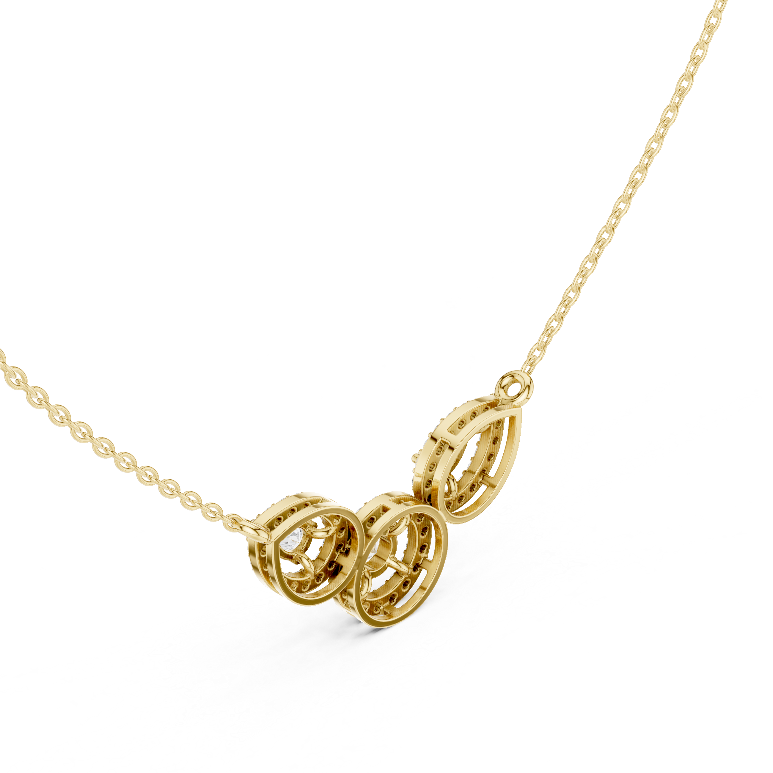 Yellow gold V-shape halo diamond pendant necklace, with three teardrop halos