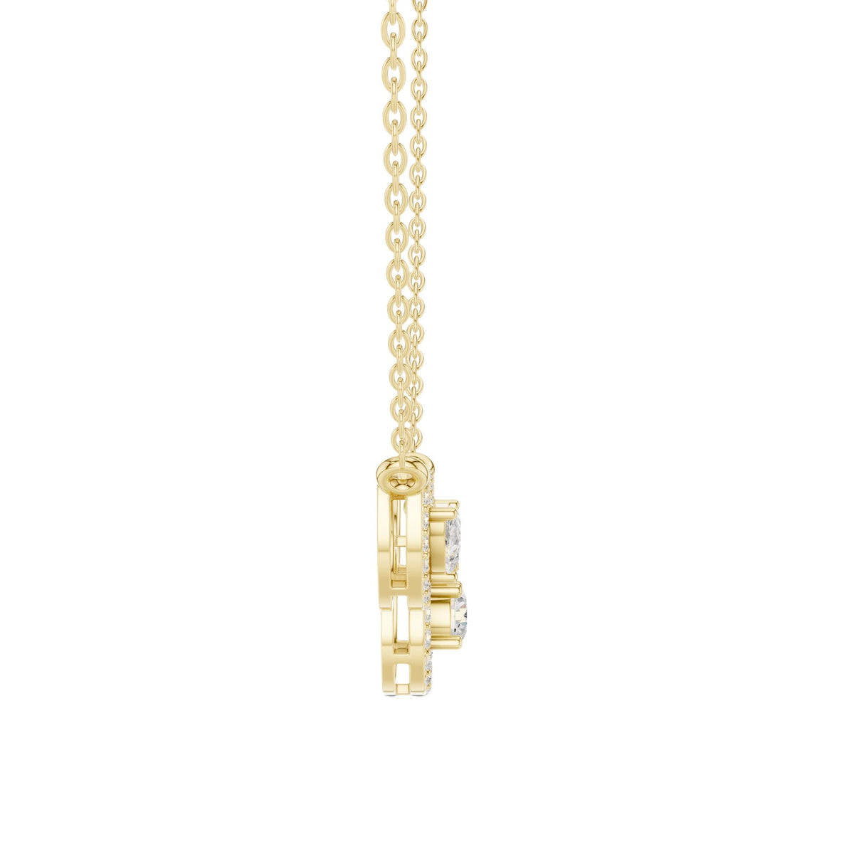 V-shape halo diamond necklace with pear-cut halos, yellow-gold tone, pendant side view