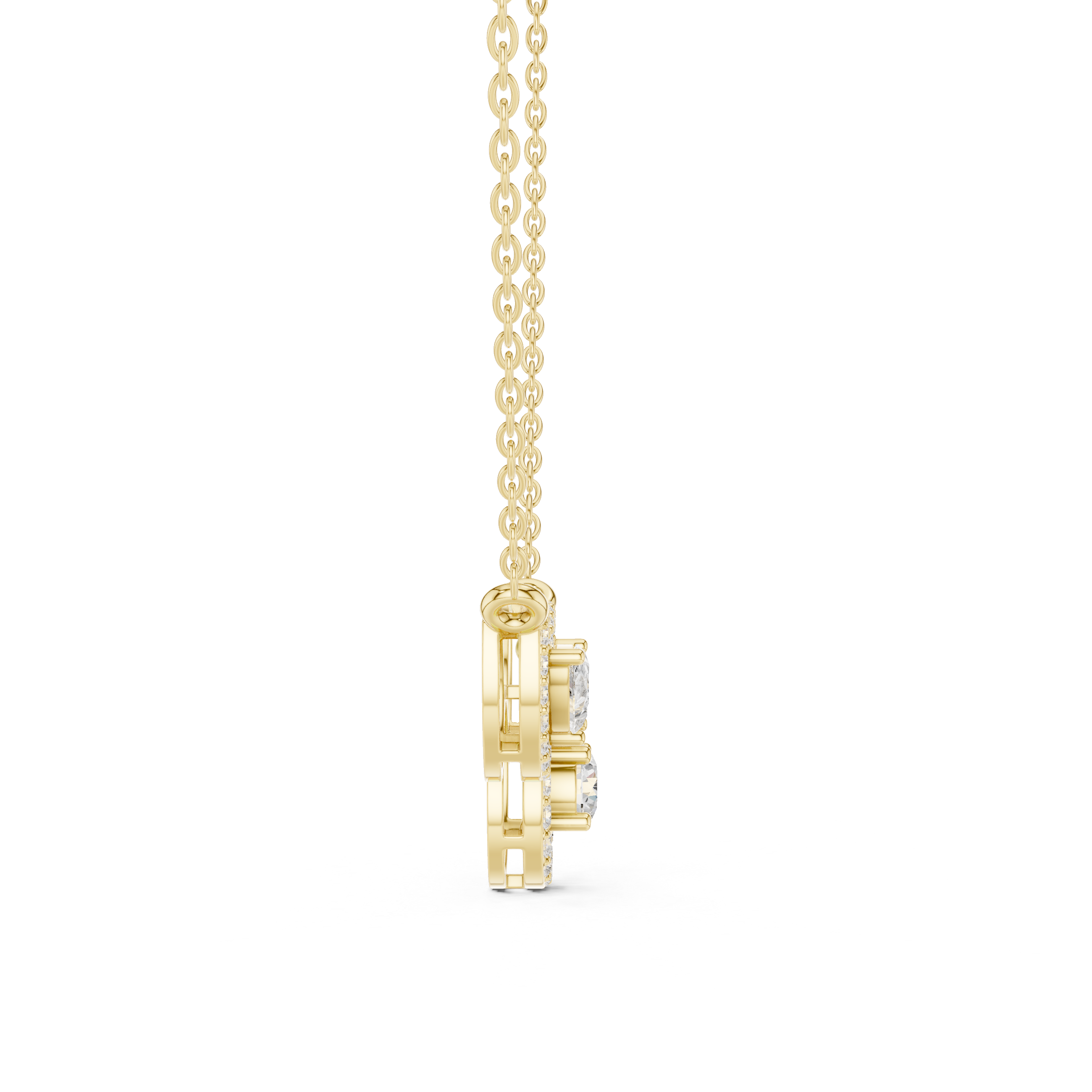Yellow gold V-shape halo diamond pendant necklace, side view of clasp