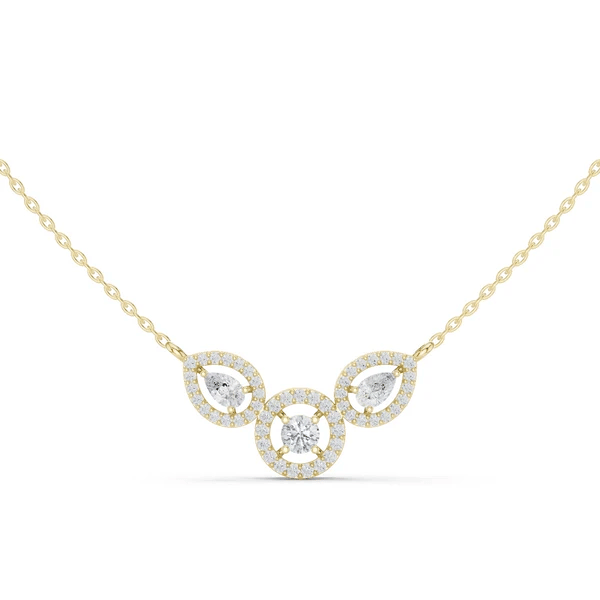 V-shaped diamond halo pendant necklace with pear center on yellow gold chain