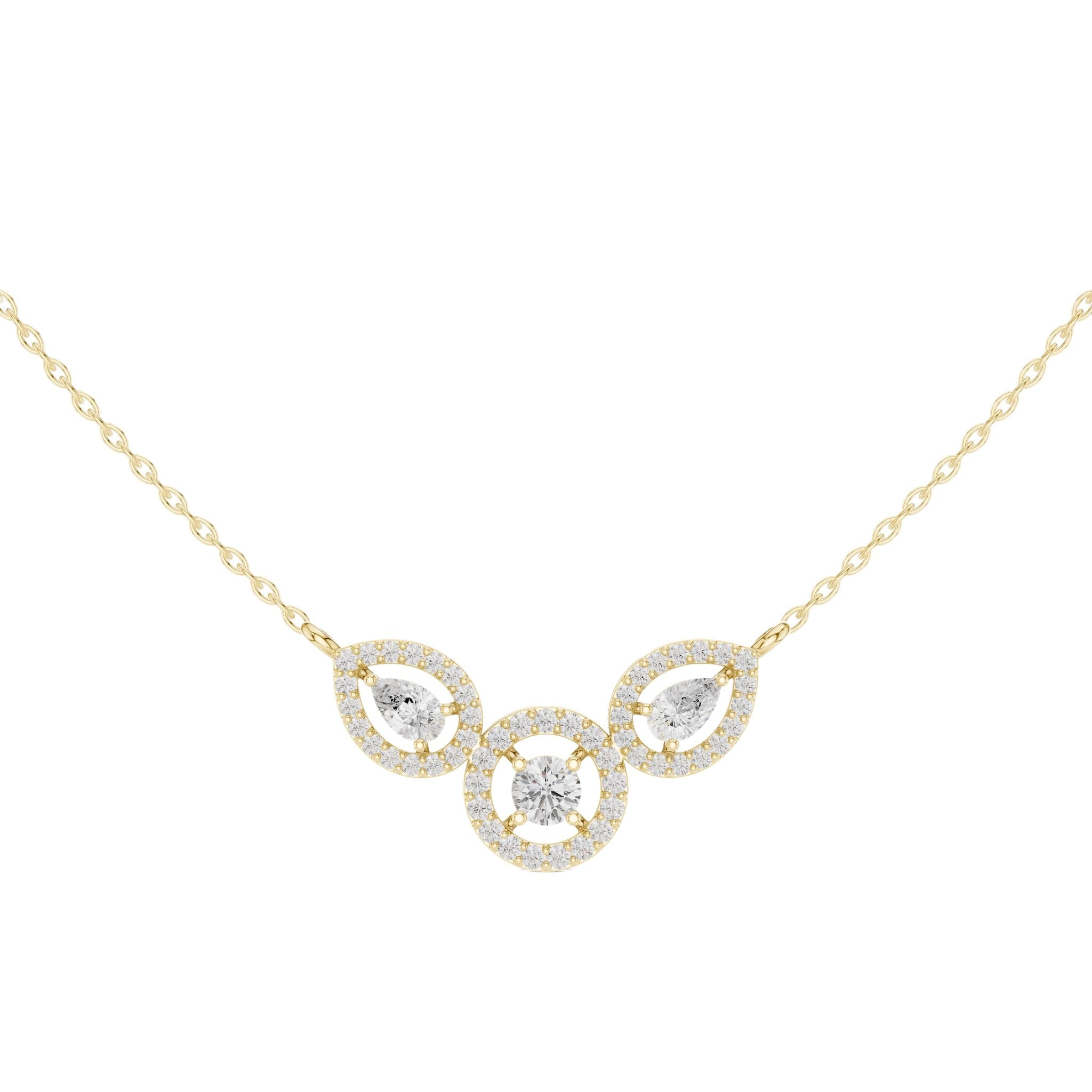 Yellow gold V-shape halo diamond pendant necklace with center circular accent