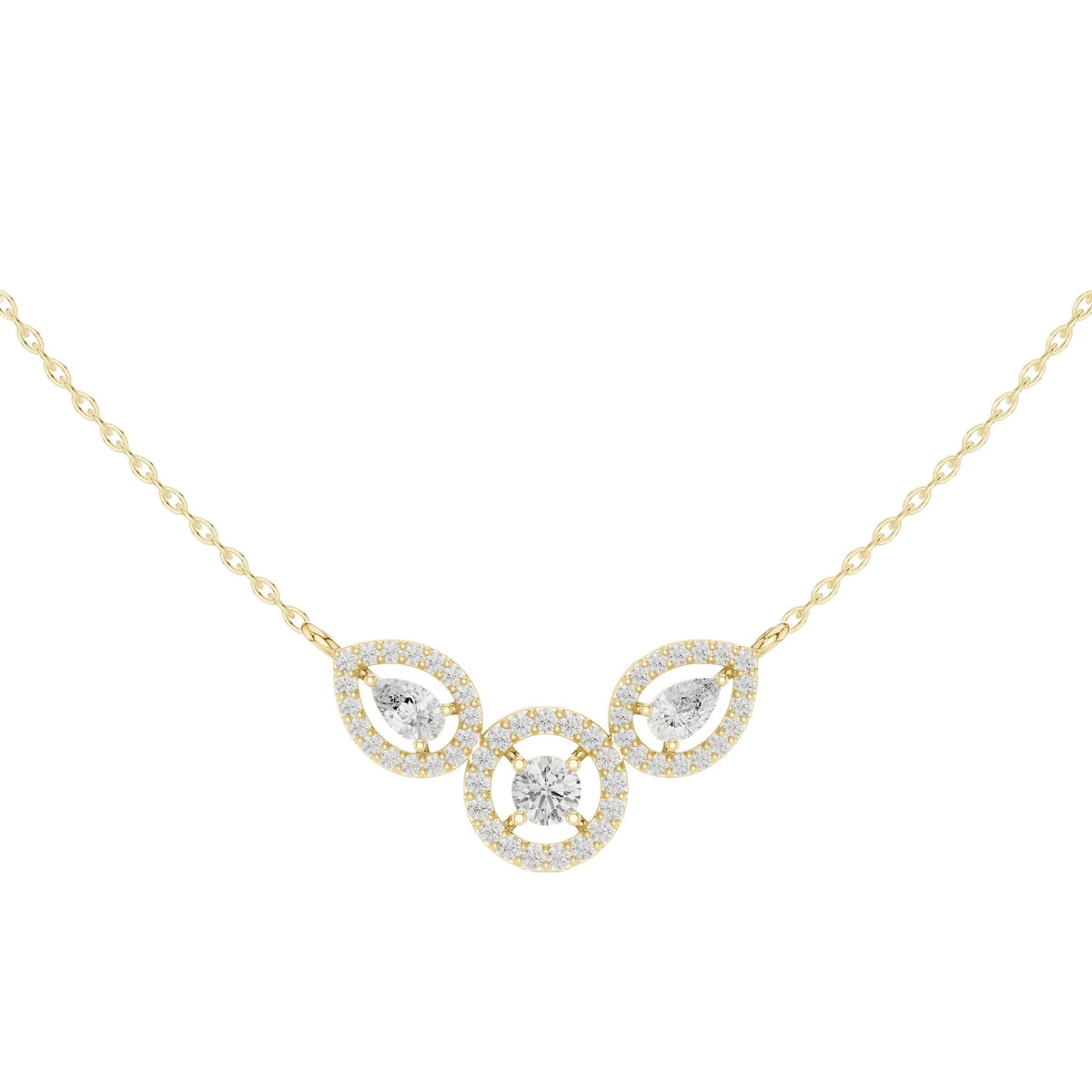 Yellow gold V-shape halo diamond pendant necklace with center circular accent
