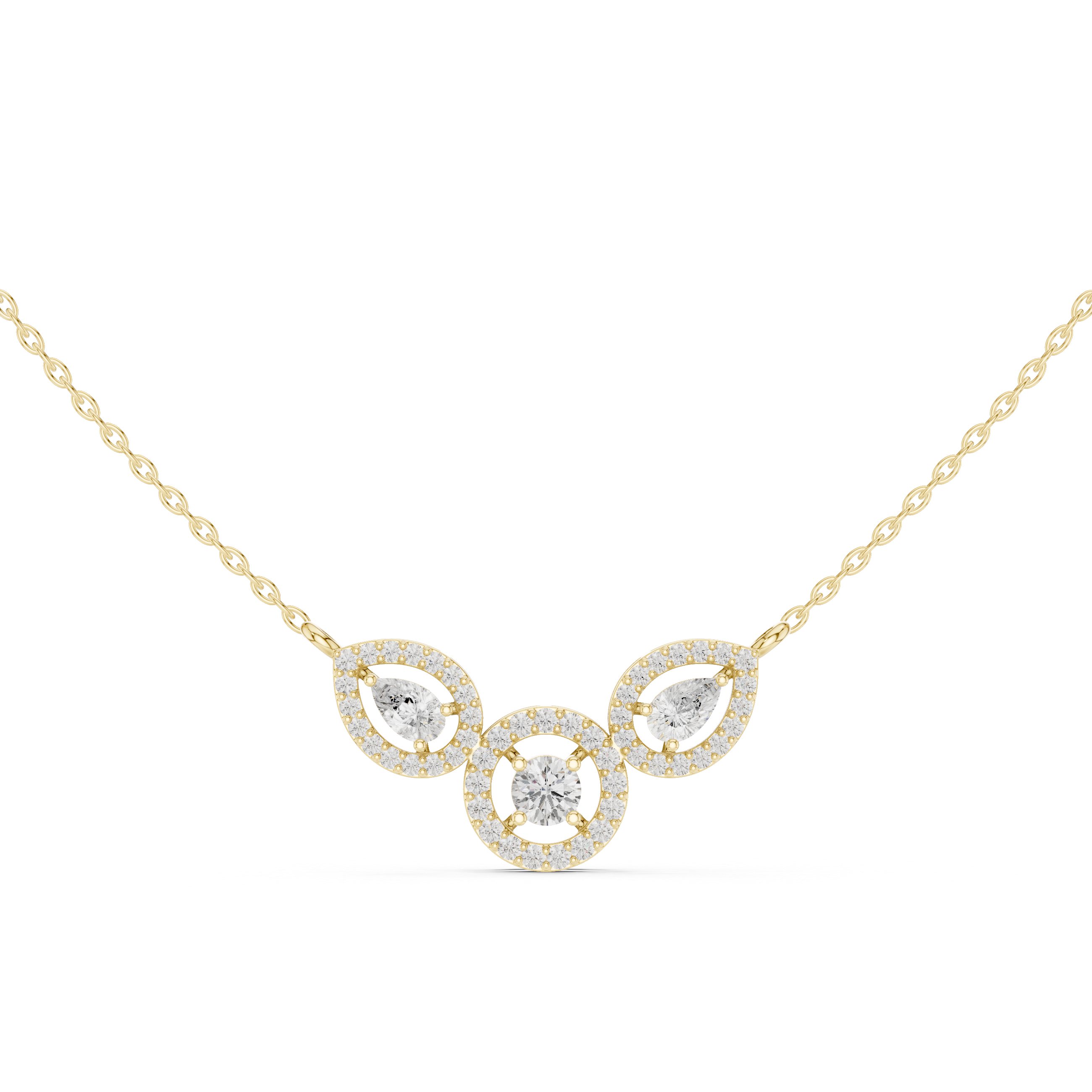 Yellow gold V-shape halo diamond pendant necklace with center circular accent