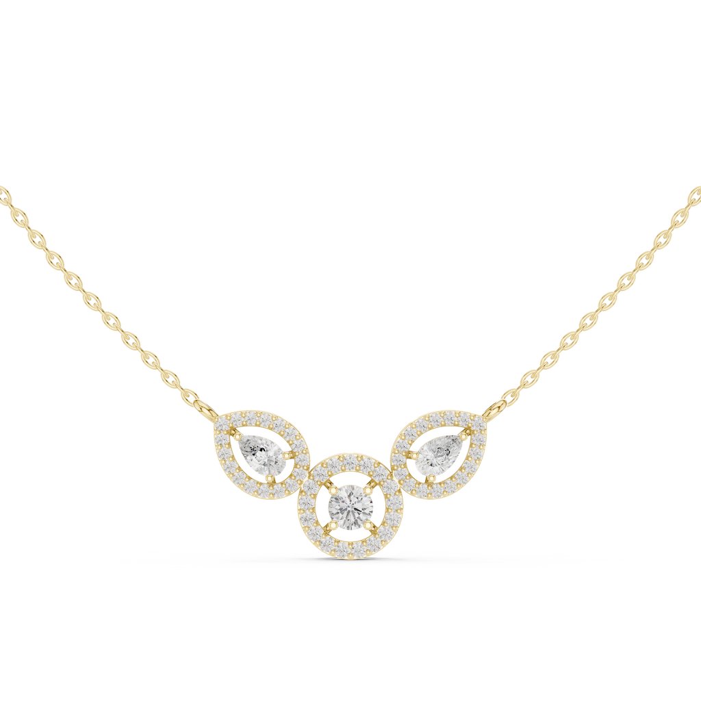 Yellow gold V-shape halo diamond pendant necklace with center circular accent
