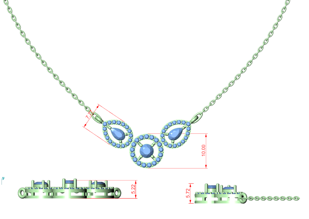 V-shaped pear diamond halo pendant with blue stones on green chain