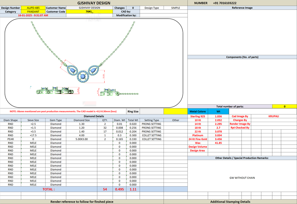Diamond pendant necklace design sheet with diagrams and details table