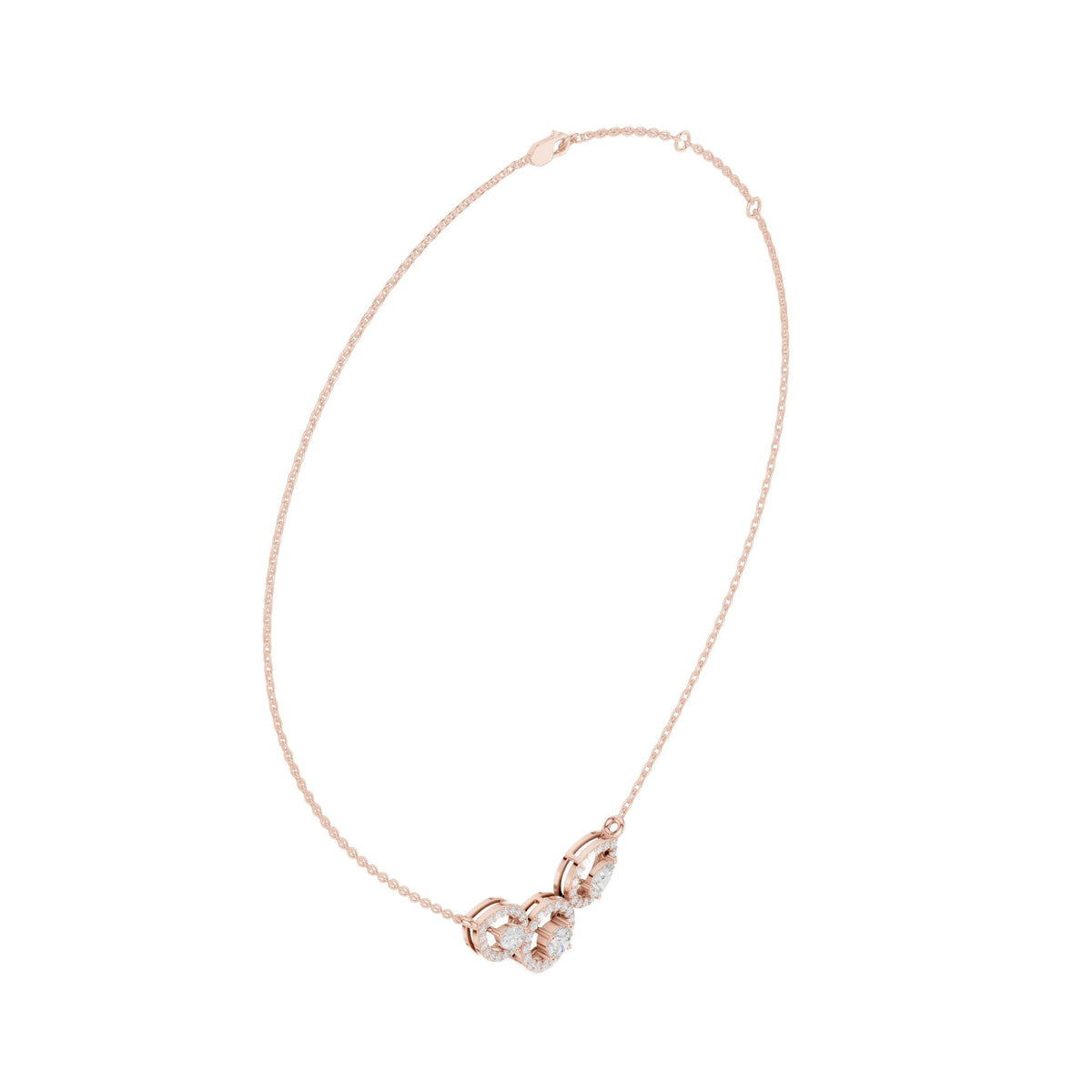 V-shape halo diamond necklace with pear-cut halos, rose-gold tone, center halo detail