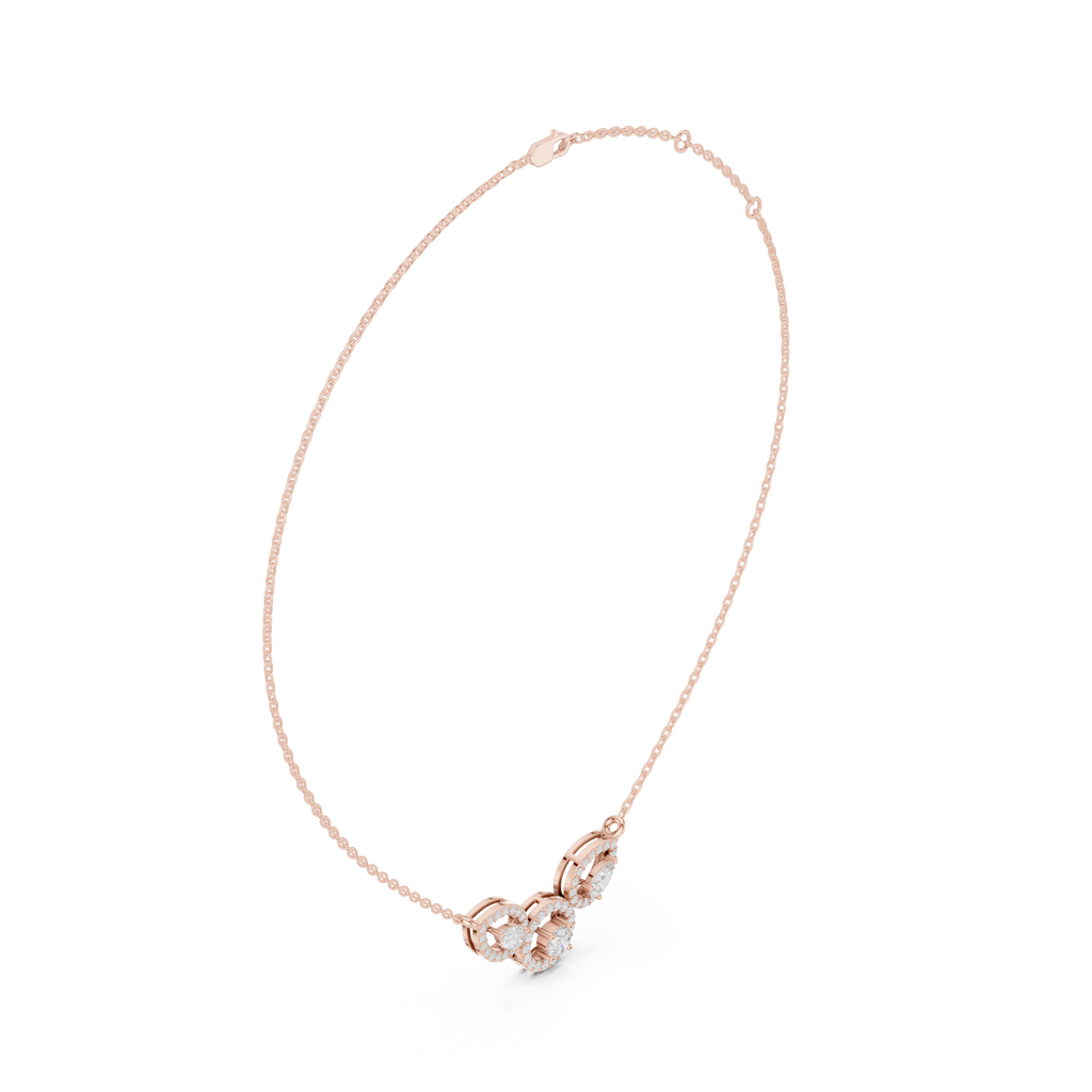 Rose gold V-shape halo diamond pendant necklace, chain and pendant detail