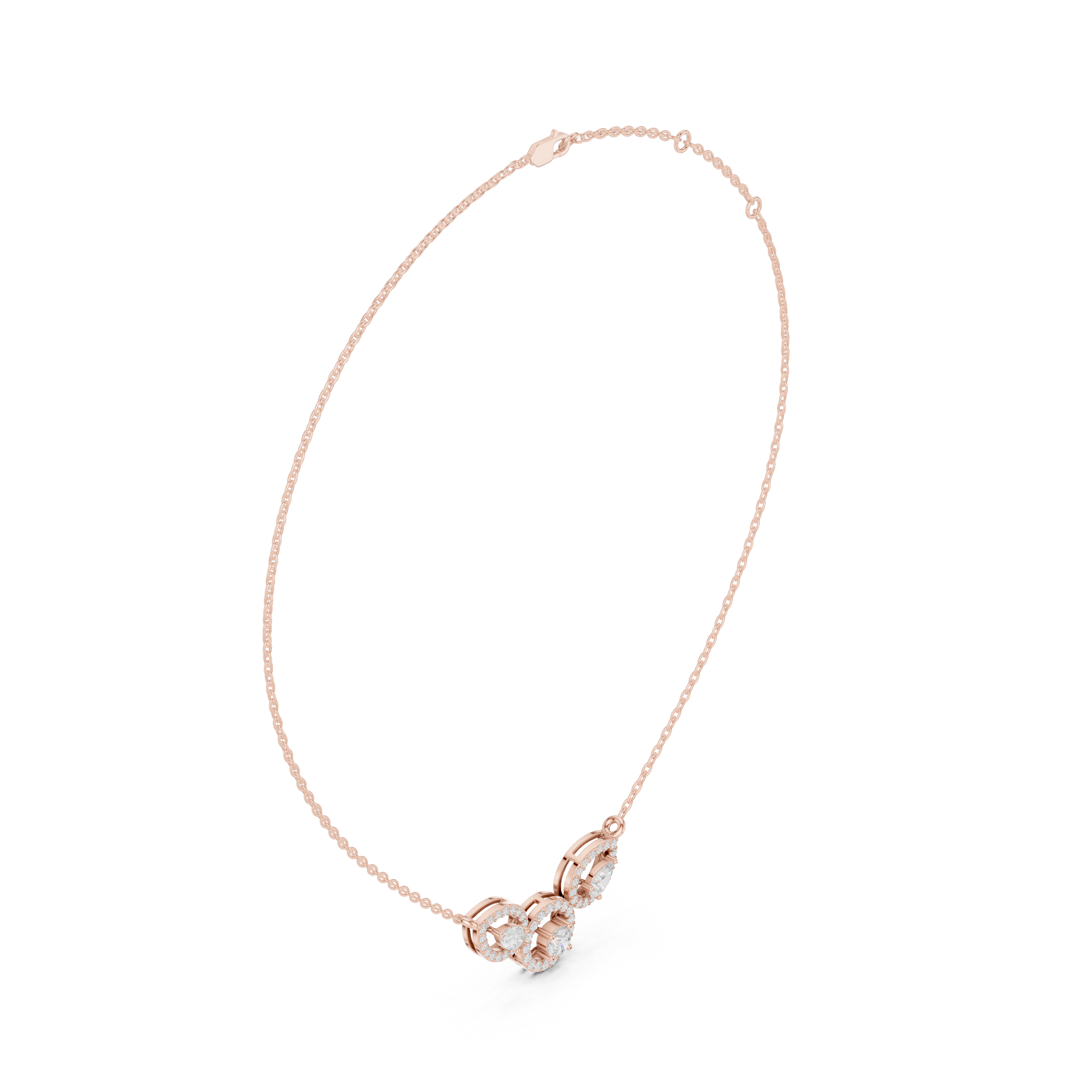 Rose gold V-shape halo diamond pendant necklace, chain and pendant detail