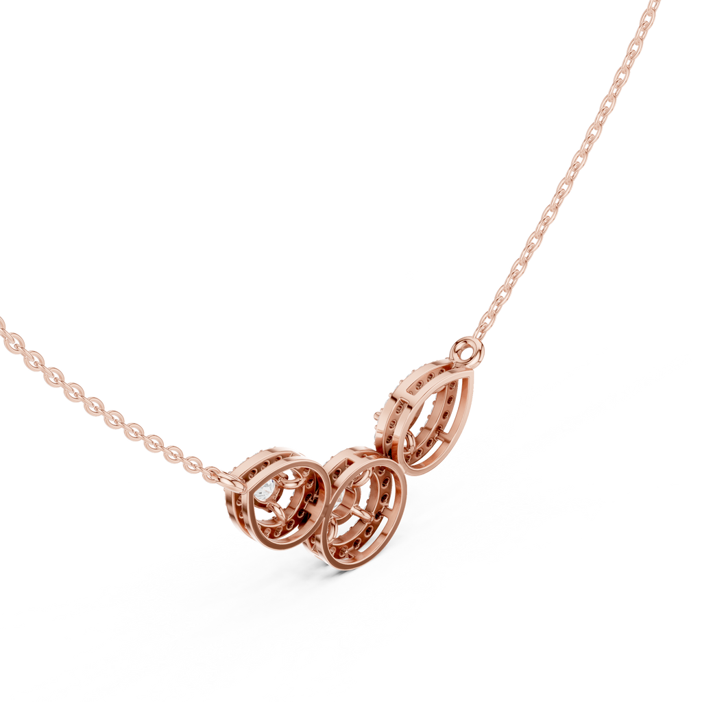 Rose gold V-shape halo diamond pendant necklace, with three teardrop halos