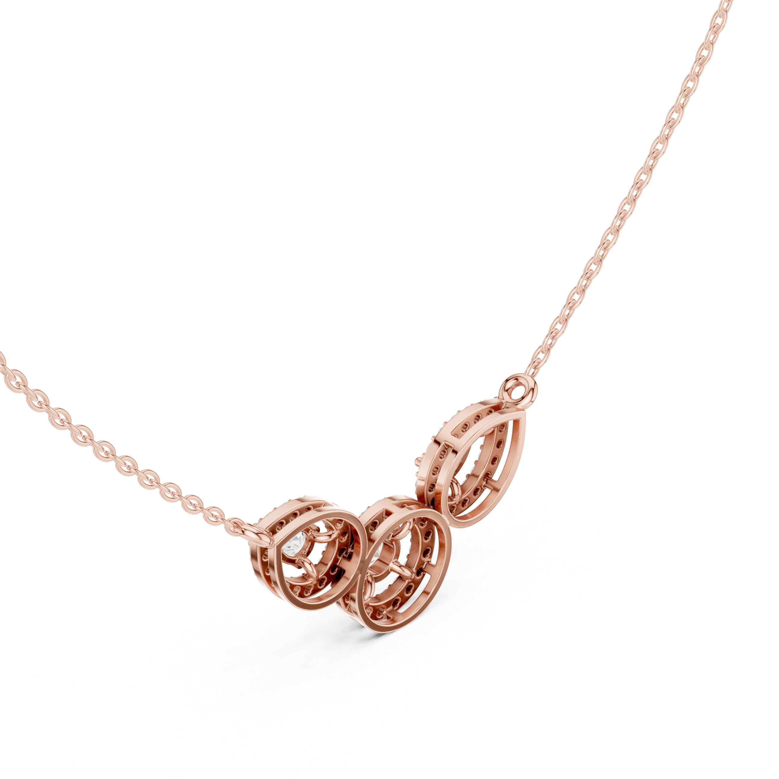 Rose gold V-shape halo diamond pendant necklace, with three teardrop halos