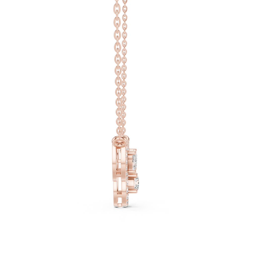 Rose gold V-shape halo diamond pendant necklace, side view of clasp