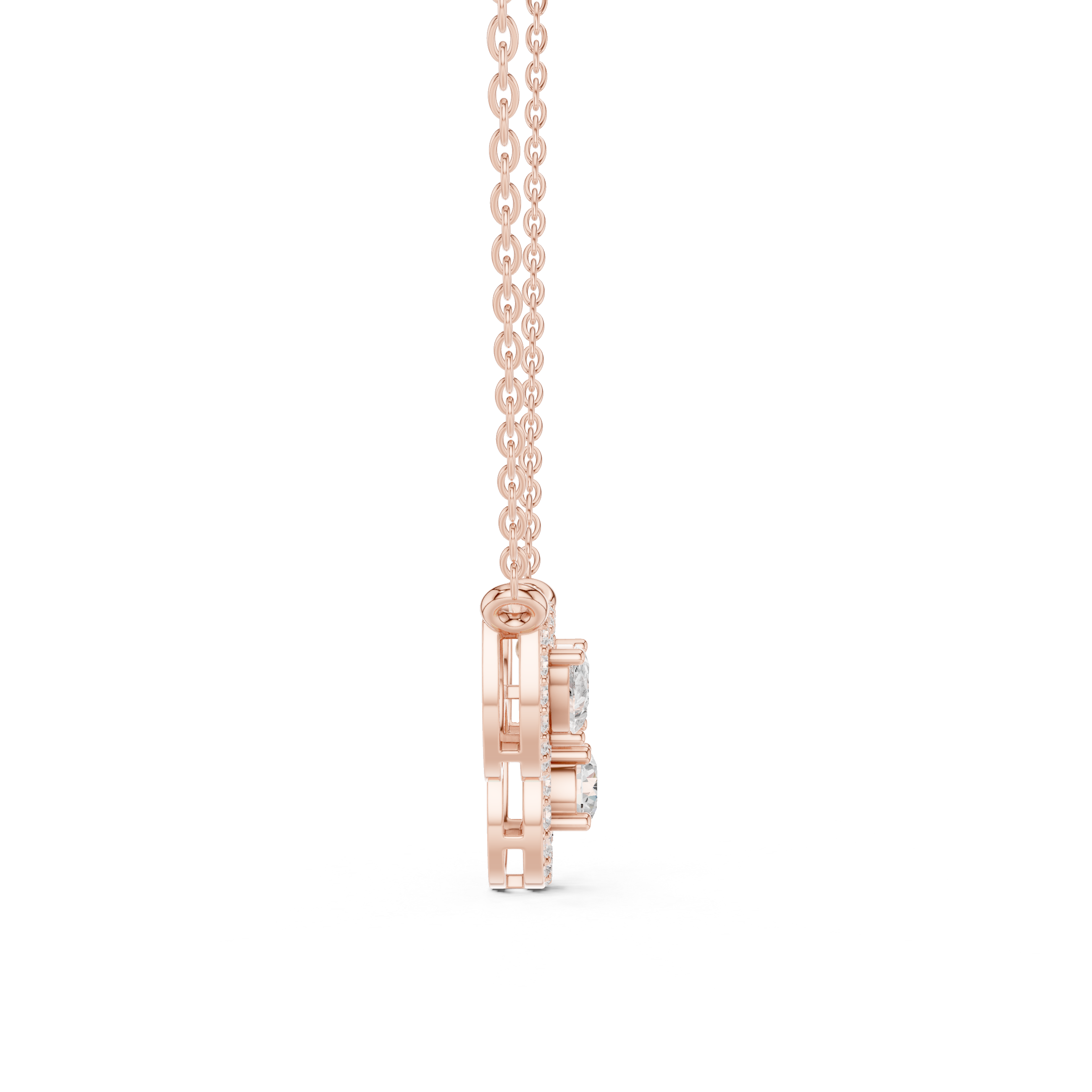 Rose gold V-shape halo diamond pendant necklace, side view of clasp