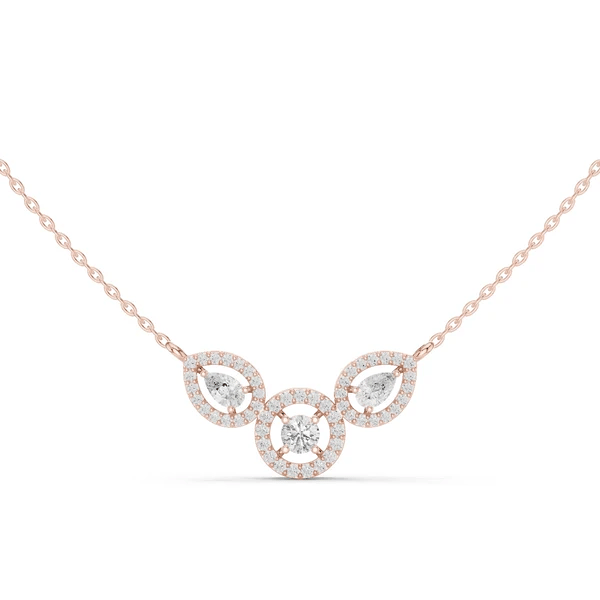 V-shaped diamond halo pendant necklace with pear center on rose gold chain