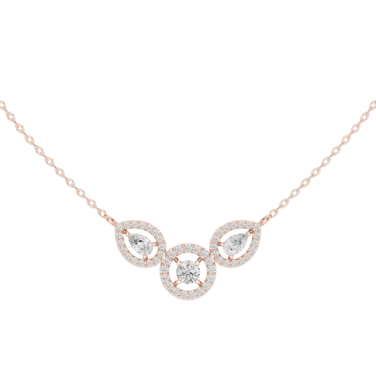 V-shape halo diamond necklace with pear-cut halos, rose-gold tone, three stones centered