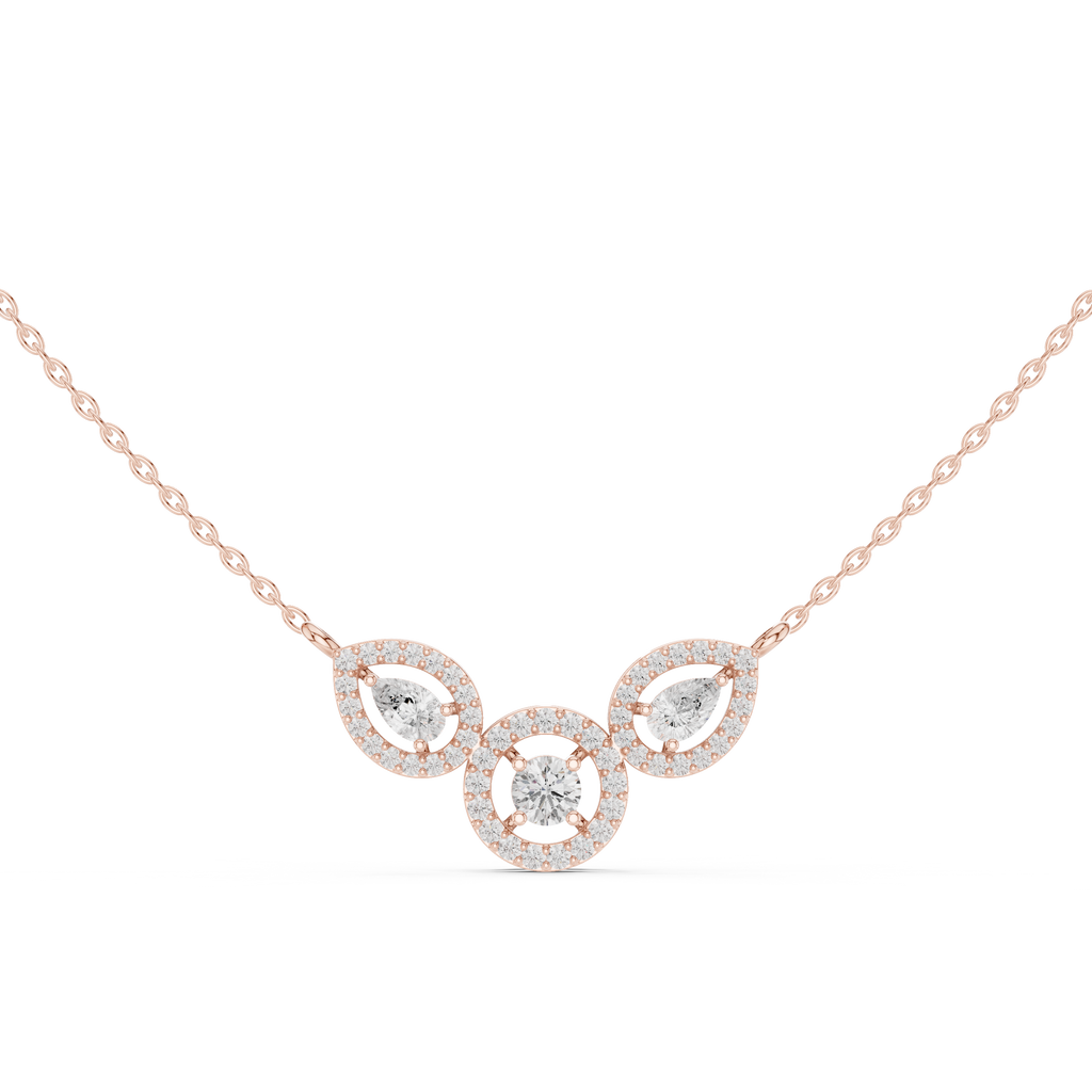 Rose gold V-shape halo diamond pendant necklace with center circular accent