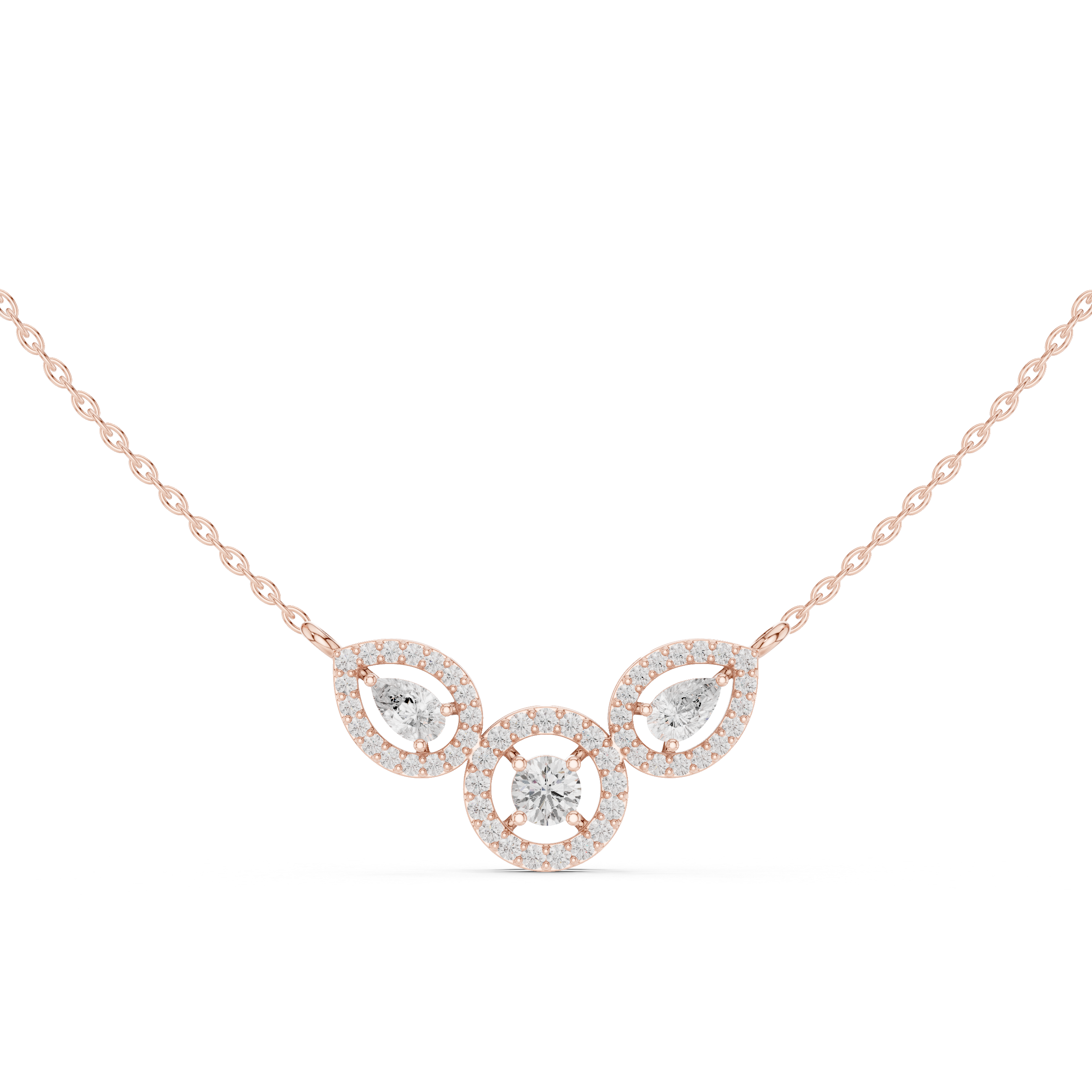 Rose gold V-shape halo diamond pendant necklace with center circular accent