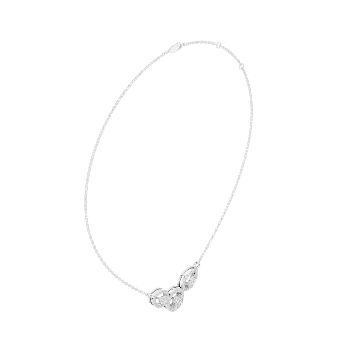 V-shape halo diamond necklace with pear-cut halos, white-gold tone, center halo detail